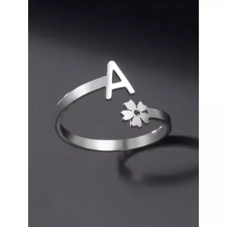 1 pieza Anillo con flor de mujeres de acero inoxidable alfabeto , tamaño ajustable , simple & elegante , regalo de cumpleaños