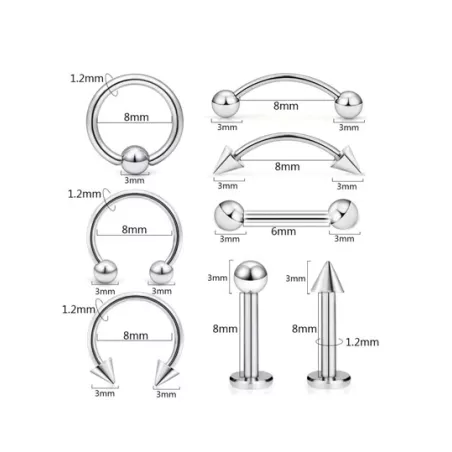 8 piezas de acero inoxidable mixto Joya para piercing corporal Set para labios , cejas , orejas , nariz con lengua