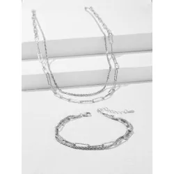 Set joyas plata de ley 925 elegante a capas con textura clip de papel con cadena brillante Brazaletes collares para mujeres dise